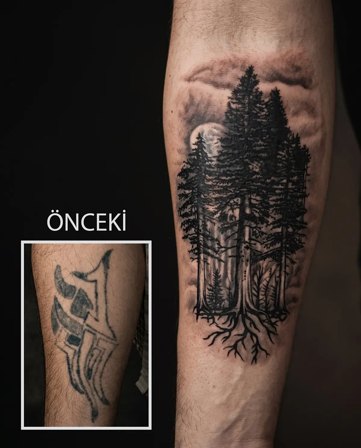 Eski dövme üzerine yapılan orman ve ağaç temalı cover up dövme