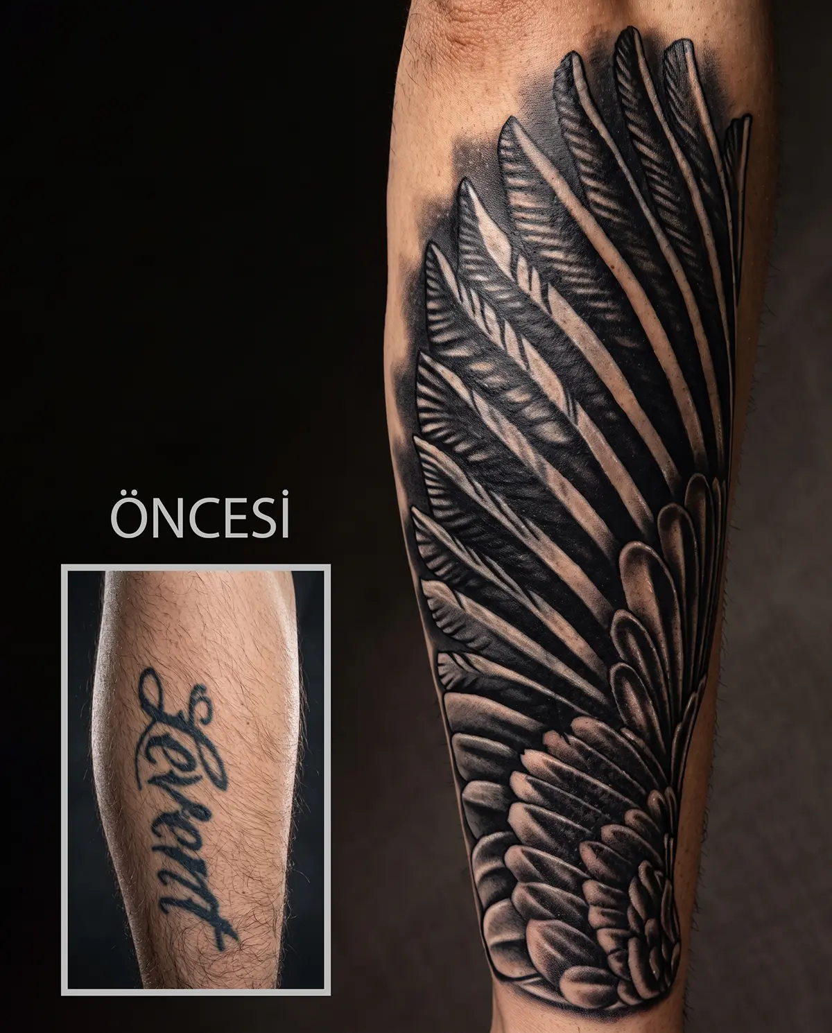 Eski dövmenin tüy ve kanat tasarımıyla kapatıldığı cover up çalışması