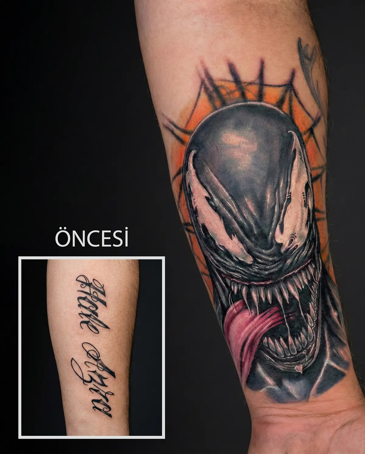 Yazı dövmesinin Venom tasarımıyla kapatıldığı renkli cover up dövme